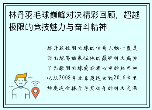 林丹羽毛球巅峰对决精彩回顾，超越极限的竞技魅力与奋斗精神