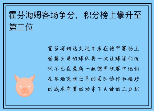 霍芬海姆客场争分，积分榜上攀升至第三位